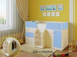 Кровать-чердак Малыш-4 Дуб молочный/Голубой в Заринске - zarinsk.katalogmebeli.com | фото 1
